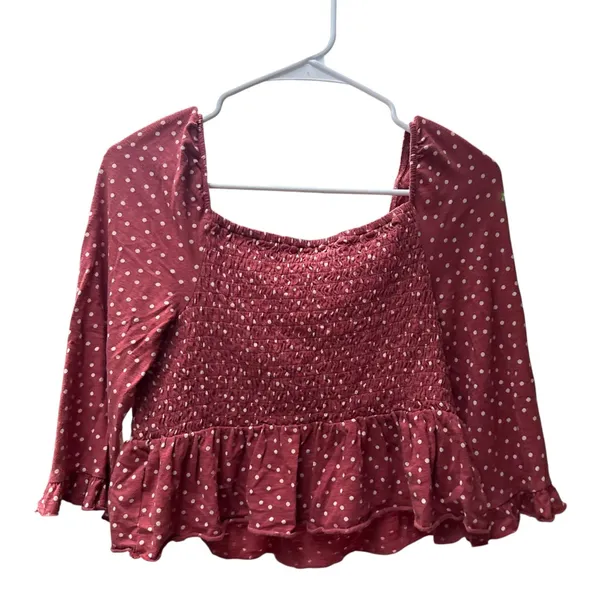 Y2K Dusty Rose Polka Dot‎ Smocked Peplum Square Neck Top Bell Sleeve - Image 3