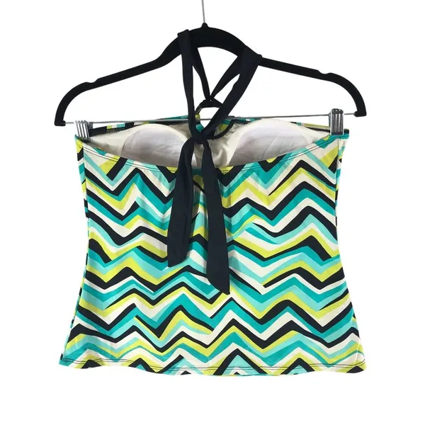 2Bamboo Tankini Top Shelf Bra Halter Chevron Striped Green M - Image 2