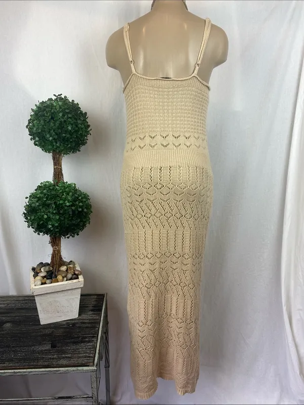Freshman 1996 Tan Crochet Sleeveless Maxi Long Boho Festival Dress S - Image 3