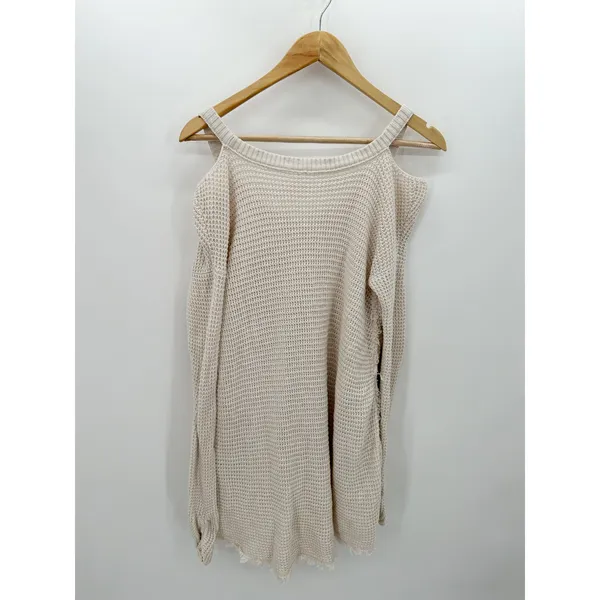 Free People‎ Cream Moonshine V Neck Sweater Cold Shoulder Distressed Small FW26 - Image 2
