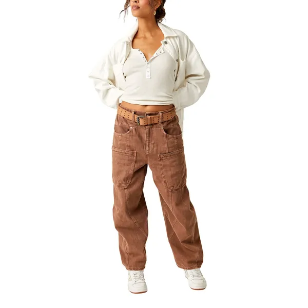 Free People We The Free New School Warm Brown Relaxed Straight Leg Cargo Jeans - Image 4
