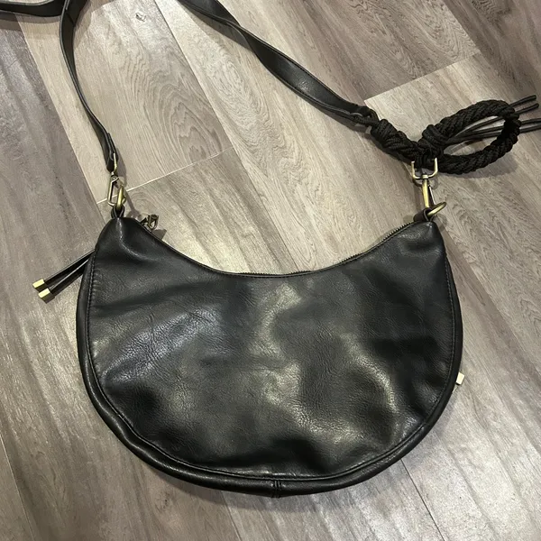 Anthropologie Black Faux Leather Hobo Bag with Metallic Hardware - Image 4