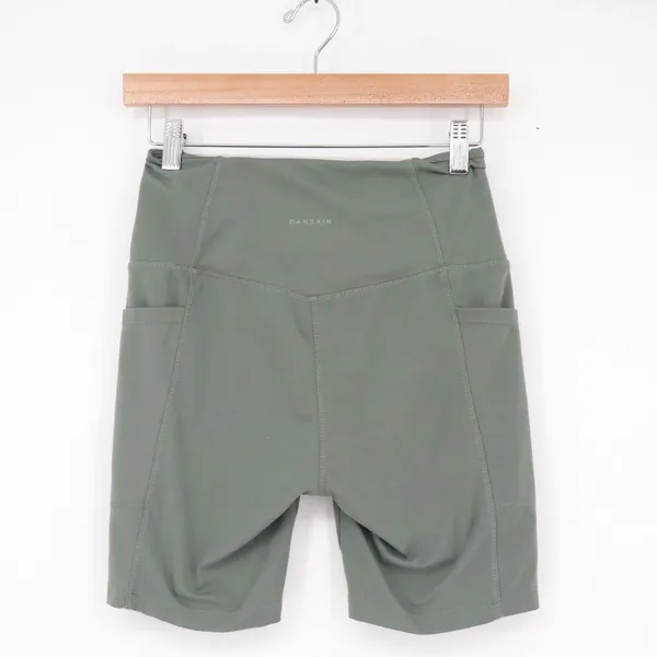 Danskin Womens High Waisted Biker Shorts Olive Green Side Pockets Size S - Image 3