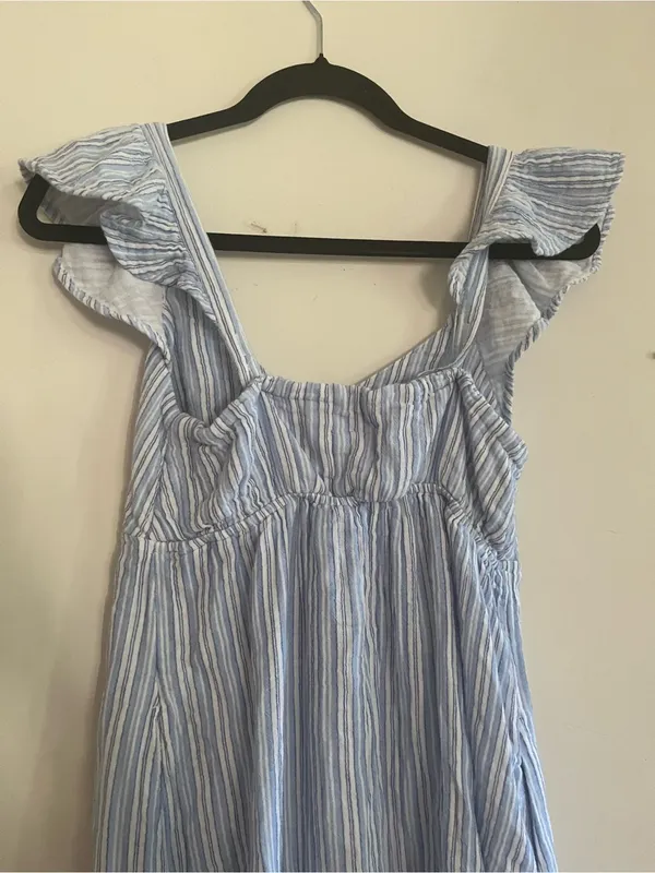 100% Cotton Blue White Striped Midi Dress XS Euro Summer Coastal Resort Beach - Image 7