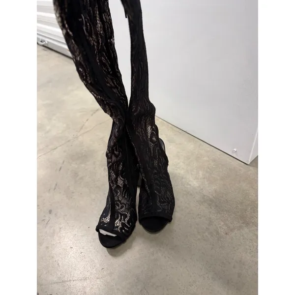 Bamboo Black Floral Lace Thigh High Peep Toe Block Heel Boots Size 7 EU 37 - Image 8