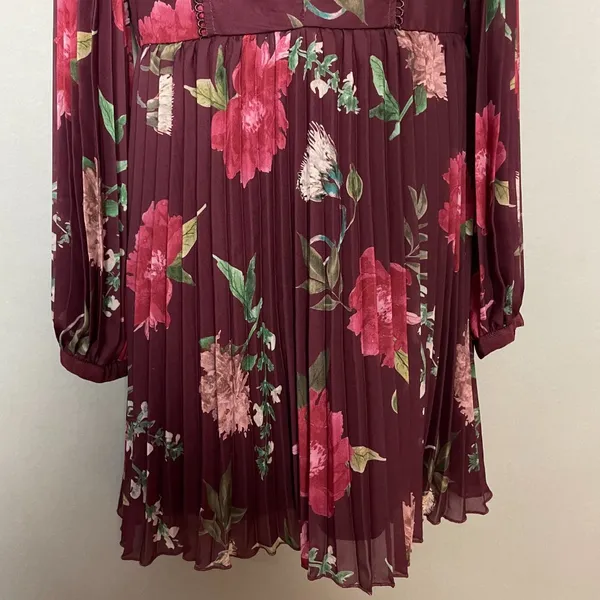 Lulus Win The Day Dress Burgundy Floral‎ Print Pleated Long Sleeve Mini V-Neck - Image 6