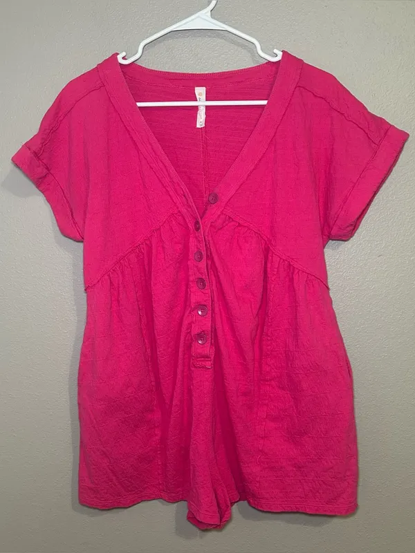 Anthropologie Daily Practice Hot Pink Button Front Lounge Romper Women’s Size XS - Image 2