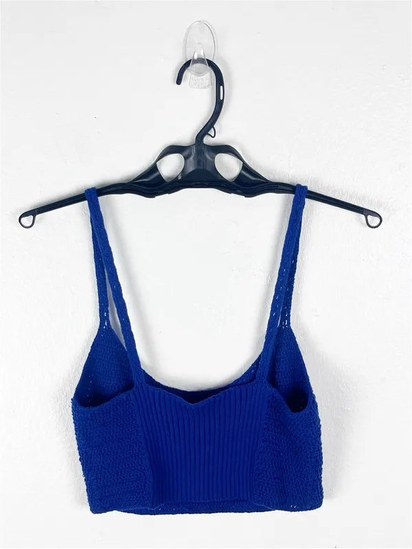 FREE PEOPLE Berkinette Blue Crochet Knit Crop Top Medium Boho Festival Concert - Image 2