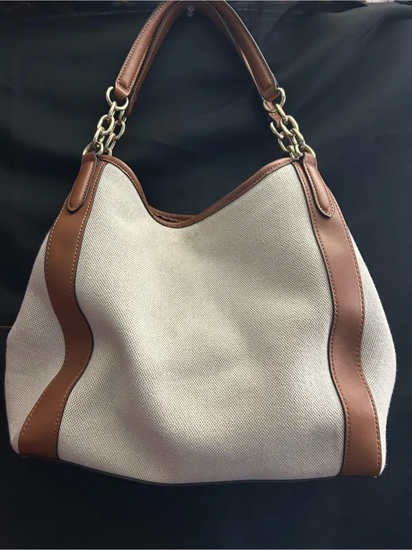 Nine West Cream Canvas Shoulder Tote Boho Bag with Brown Trim - Image 7