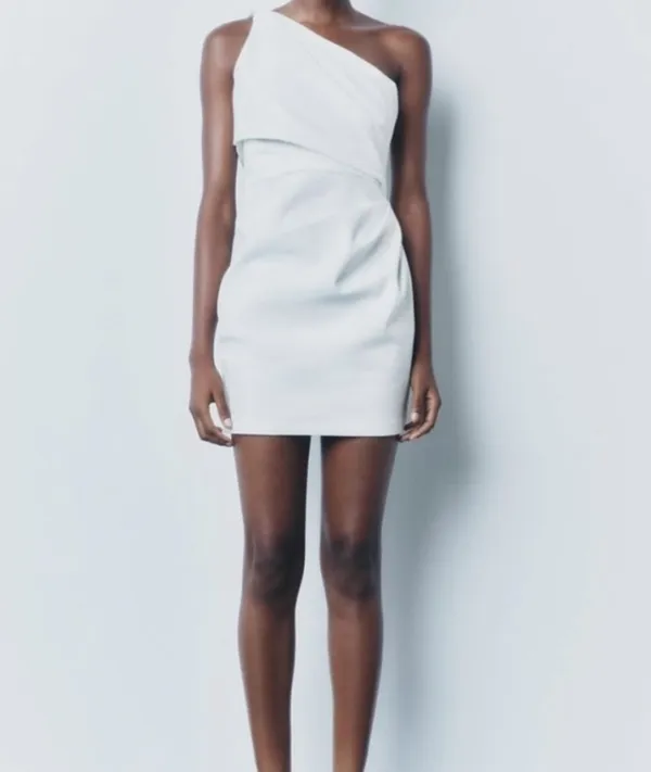 Zara White Draped Asymmetric Bodycon Mini One Open Shoulder Dress - Image 2