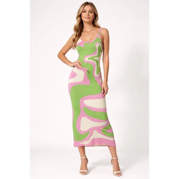 Cider Swirl Knit Dress L Pink Green Midi Y2K Spaghetti Strap Psychedelic Retro - Image 2