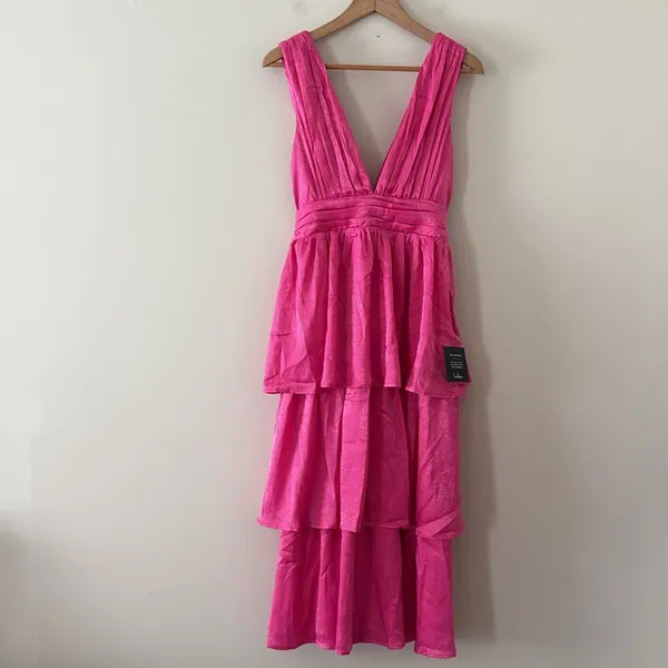 New Lulus Peak‎ Party Vibe Hot Pink Satin Tiered Tie-Back Midi Dress Size S - Image 3