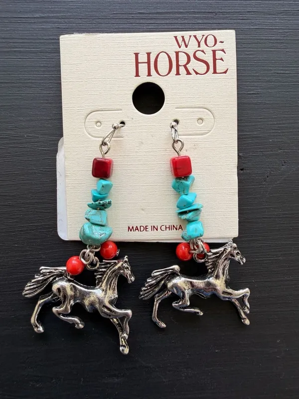 Silver Western Cowgirl Horse Drop Earrings with Turquoise and Coral Stone Beads - Image 2