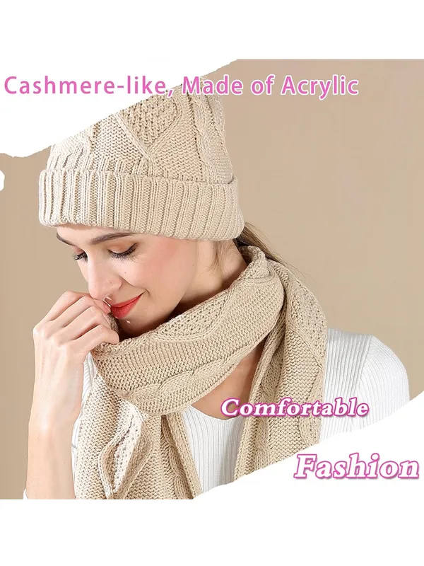 New! Super Soft Beige Cable Knit Pom Beanie, Scarf & Glove Set - Image 6