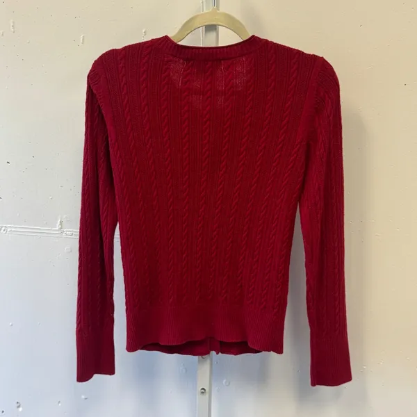 Eddie Bauer Red Cable Knit Ruffle Button Front Cardigan Sweater XS Holiday - Image 2