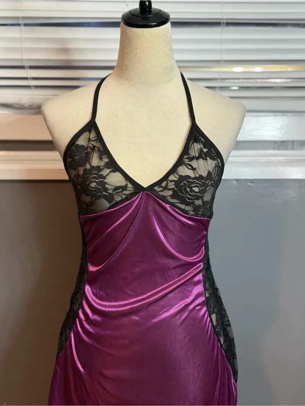 Source Unknown Plum Satin Chemise with Black Lace - Image 3