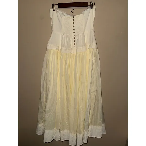 Hyfve Cream Strapless Paneled Maxi Dress Smocked Back Raw Hem L Prairie Farmcore - Image 5