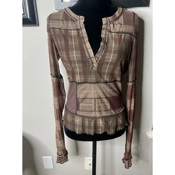 Free People Brown Plaid Mesh V Neck Long Sleeve Medium Tee Lettuce Edge‎ - Image 7