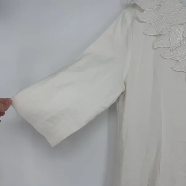Vintage JSong White 100% Linen One Shoulder Embroidered Leaf‎ Maxi Dress 8 - Image 4