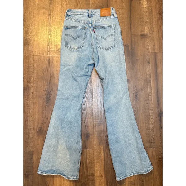 Levis Premium 70s High Flare Jeans Light Wash Distressed Blue Denim 26 - Image 6