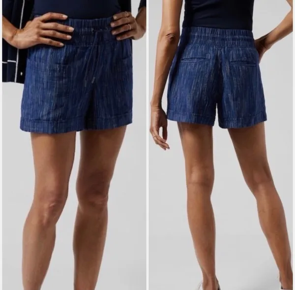 Athleta Cabo 100% Linen Drawstring Textured 4" Shorts Size: 4 Blue - Image 2