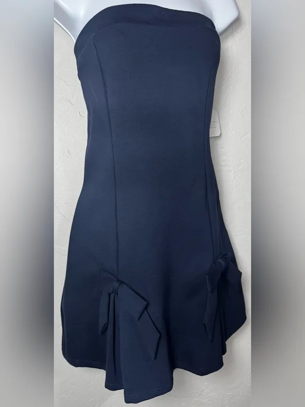 Altar'd State Navy Strapless Mini Dress with Bow Accents Size Large - Image 5