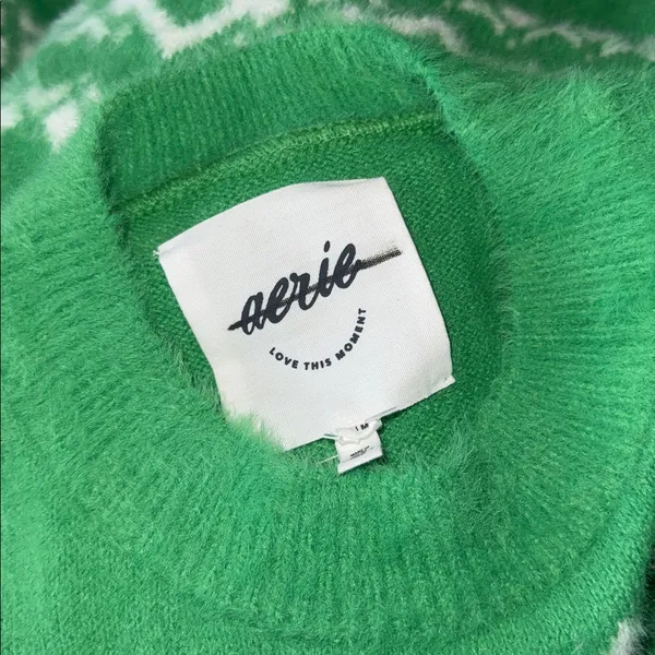 NWOT Aerie Flurry Oversized Crew Neck Green White Sweater - Image 5