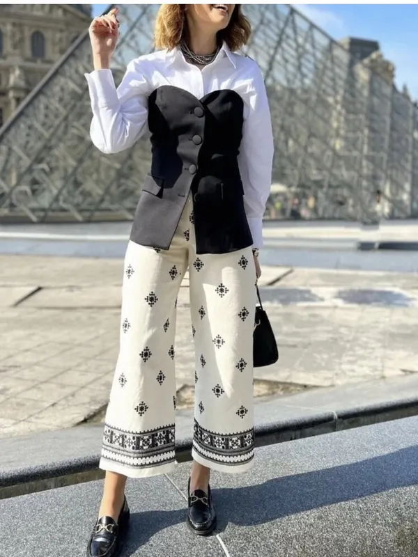 ZARA LINEN BLEND EMBROIDERED PANTS Ivory/ Black Size Large - Image 5
