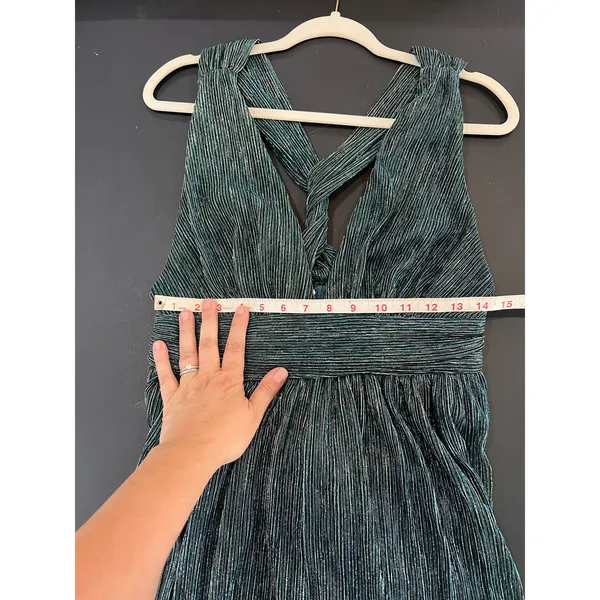 Lulus Mini Dress Womens Size M Teal Blue Silver Metallic Pleated V-Neck Great - Image 6