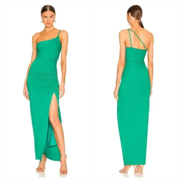 Lover and Friends Nami Maxi Dress in Seaglass Green Slit Ruched Size Small - Image 2