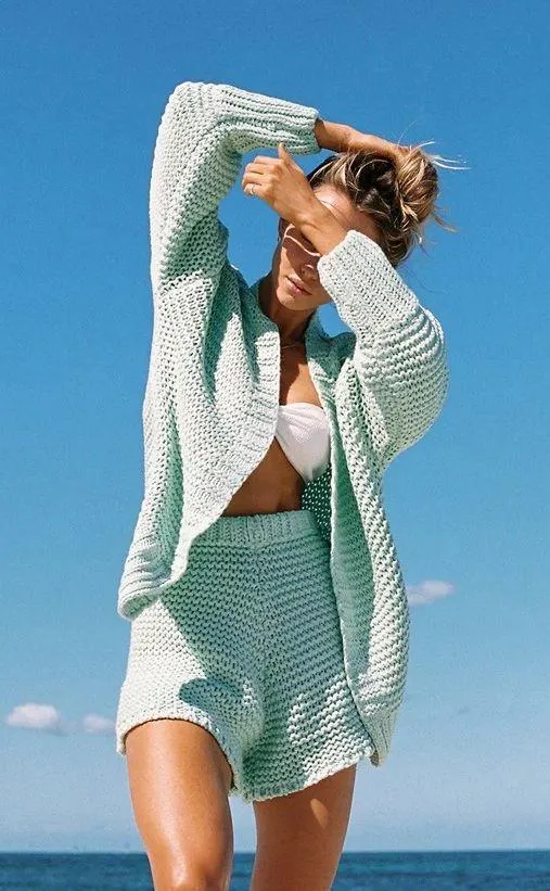 Sabo Skirt Mint Chunky Panama Cardi and Shorts Set. Size Medium Cardigan:Small Shorts:Medium - Image 3