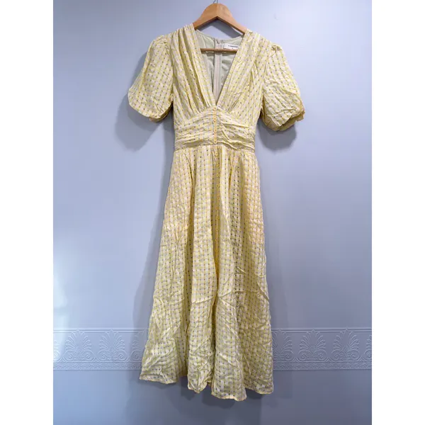 Commense Butter Yellow Plaid Picnic Whimsy Cottage Button Front Maxi Dress NWT M - Image 2