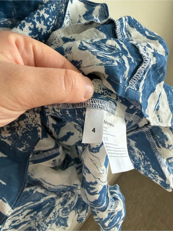 Reformation Toscana One Shoulder Wrap Linen Mini Dress Blue White Size 4 - Image 8