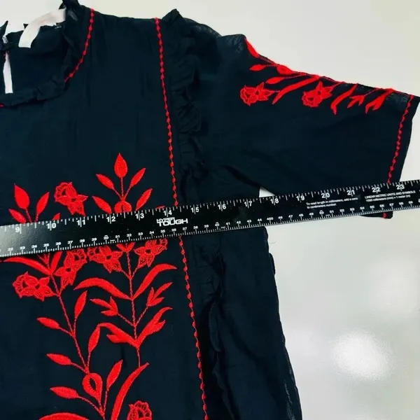 Zara Embroidered Dress Floral Ruffle Trim Black Red Short Sleeve Size‎ XS - Image 8