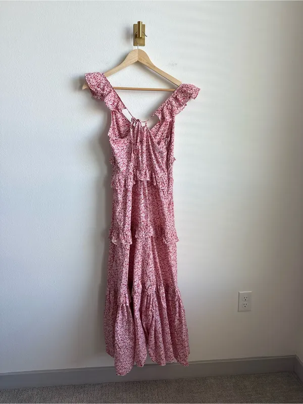 Petal + Pup Aspa Floral Tiered Midi Dress Pink Ruffle Tie Back Cotton Size 4 - Image 10