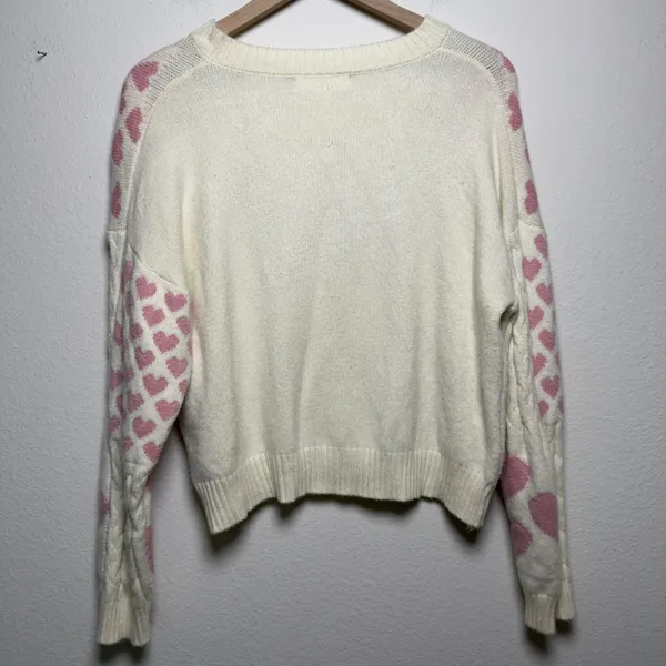 Threaded Leaf Women Patchwork Sweater M Cream Pink Heart Cable Knit‎ Coquette - Image 7