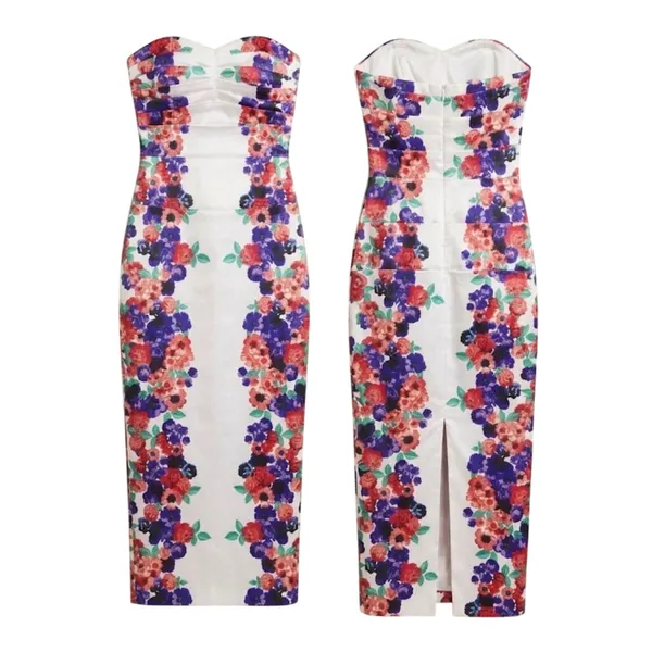 Lila Rose Floral Strapless Sweetheart Midi Dress Ivory Purple Coral Size Small - Image 2