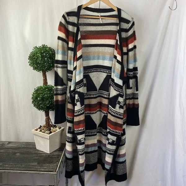 Free People Multi Color Aztec Tribal Print Knit Open Front Duster Sweater M - Image 2