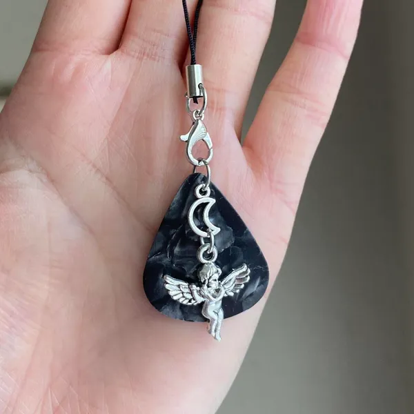 Handmade aesthetic fairy goth style moon angel cherub guitar pick phone strap/bag charm/keychain/display👼🖤 - Image 4