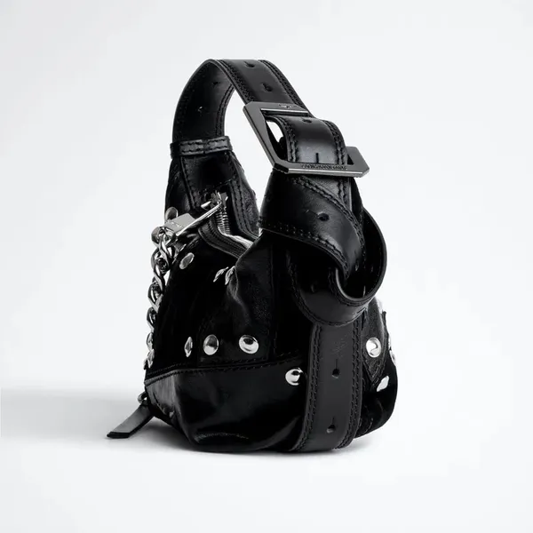 Zadig & Voltaire Black Leather Le Cecilia Patchwork Silver Studded Shoulder Bag - Image 2
