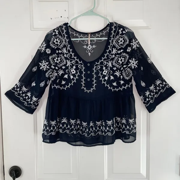 Free People Pennies Squel Navy Sheer Embroidered Top Size Small - Image 2