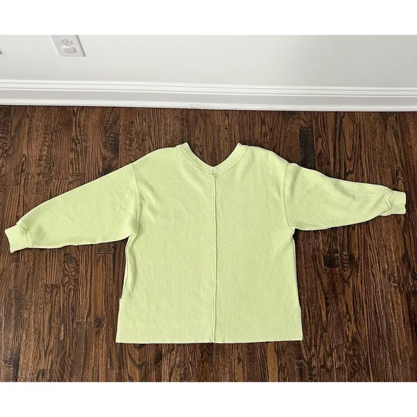 Aerie Wonder Textured V-Neck Sweatshirt Green Waffle Knit Oversized Women M EUC - Image 3