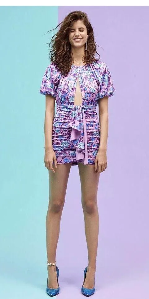 For Love & Lemons Tahiti Ruched Mini Dress Small Purple Floral Satin Cottagecore - Image 9