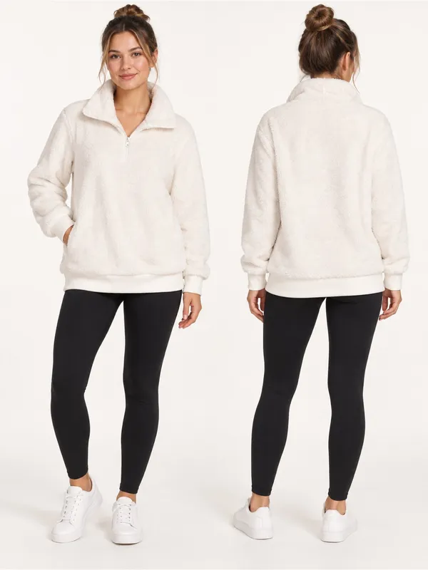 Mondetta Women’s Ivory Plush Sherpa Quarter Zip Pullover Sweater Size M - Image 2