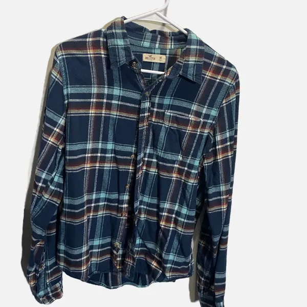 Hollister Womens Plaid Flannel Shirt Navy Blue Teal Button Down‎ Long Sleeve M - Image 2