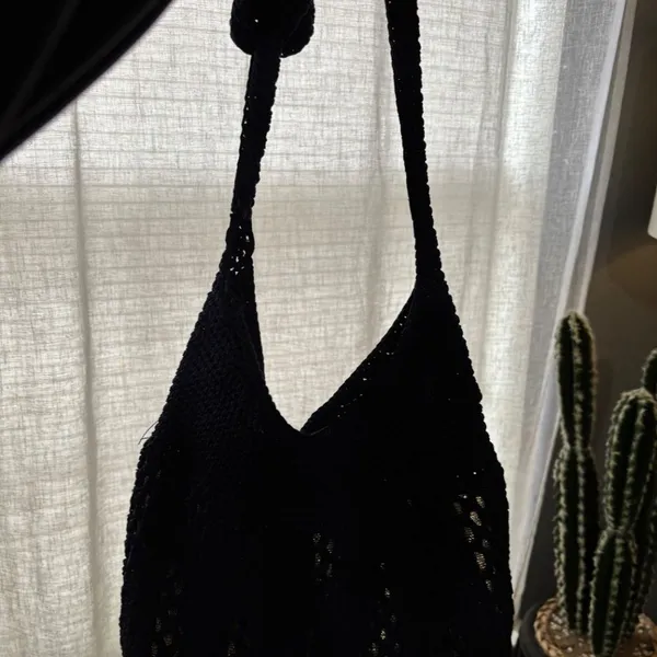 Navy Gold Metallic Crochet Shoulder Bag Open Knit Hobo Purse Boho Y2K Slouchy Ha - Image 4