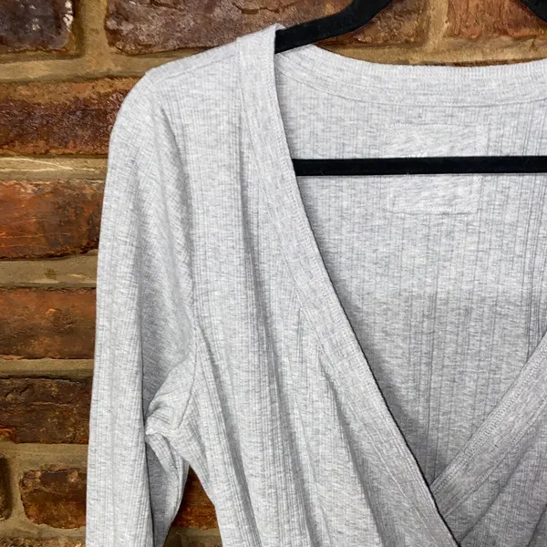 Aerie Heater Gray Long Sleeve Cross Front Ribbed Knit Bodysuit Women's Size XL - Image 3
