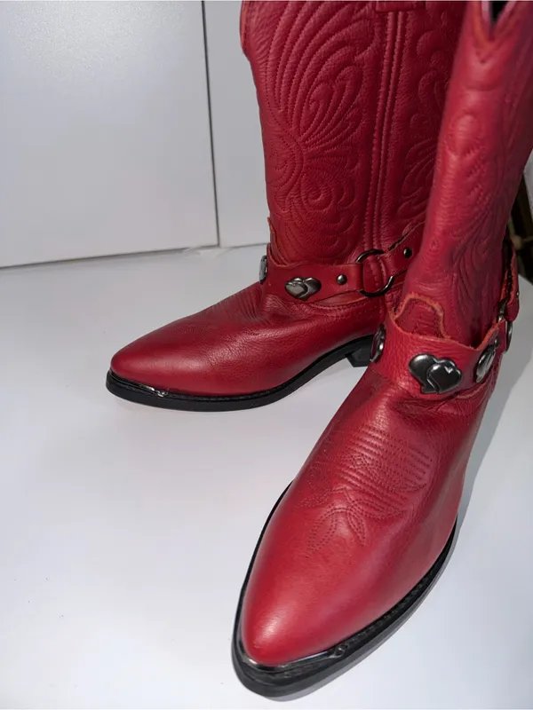 Masterson Boots Sz‎ 7.5M Red Leather Heart Harness Chain Western Cowgirl Concho - Image 6