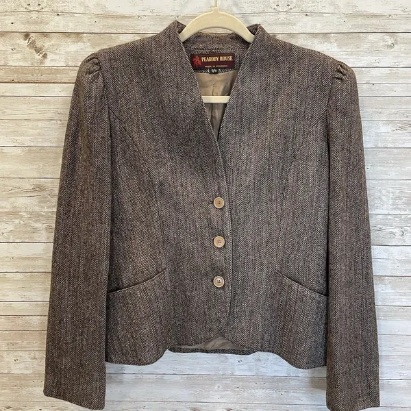 Vintage Peabody House Womens 13/14 Blazer Herringbone Brown Wool‎ Blend Lined - Image 2