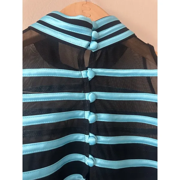 JS Collections Black and Blue Striped Mesh Mock Neck Top Size 14 - Image 7